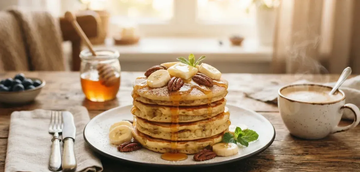 A stack of banana pancakes topped with sliced banana and maple syrup