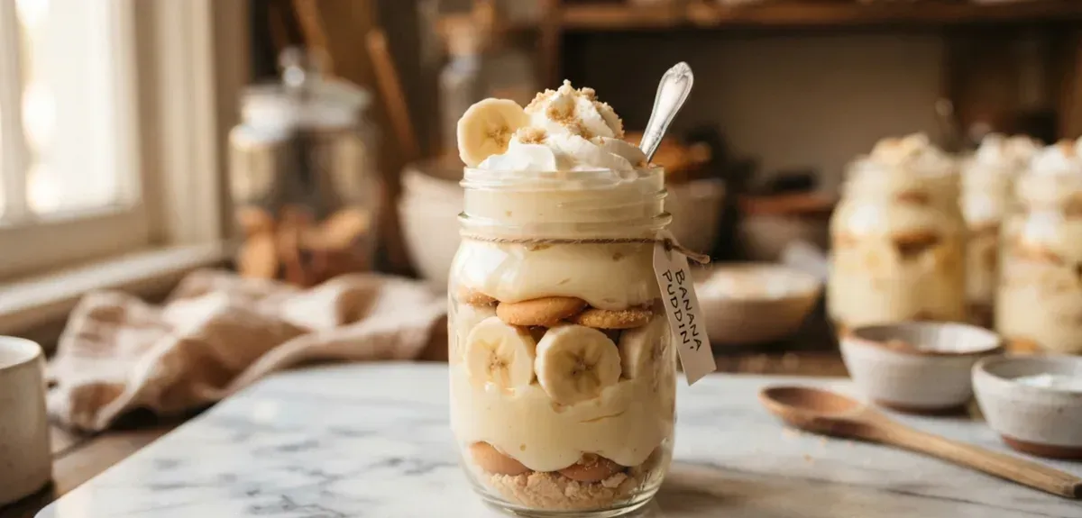 A glass dish of layered banana pudding with vanilla wafers and banana slices
