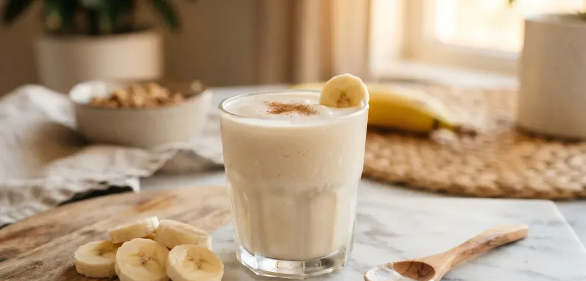 A thick banana smoothie in a glass topped with banana slices and chia seeds