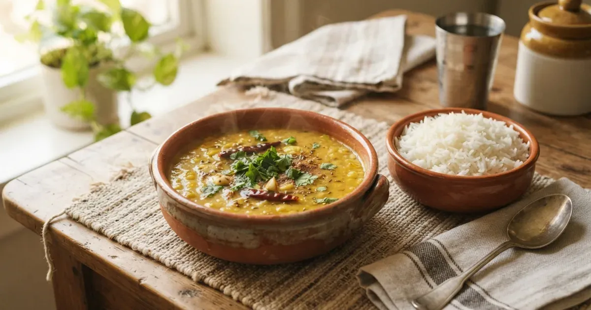 A bowl of yellow dal tadka topped with fresh coriander, beside a small bowl of rice