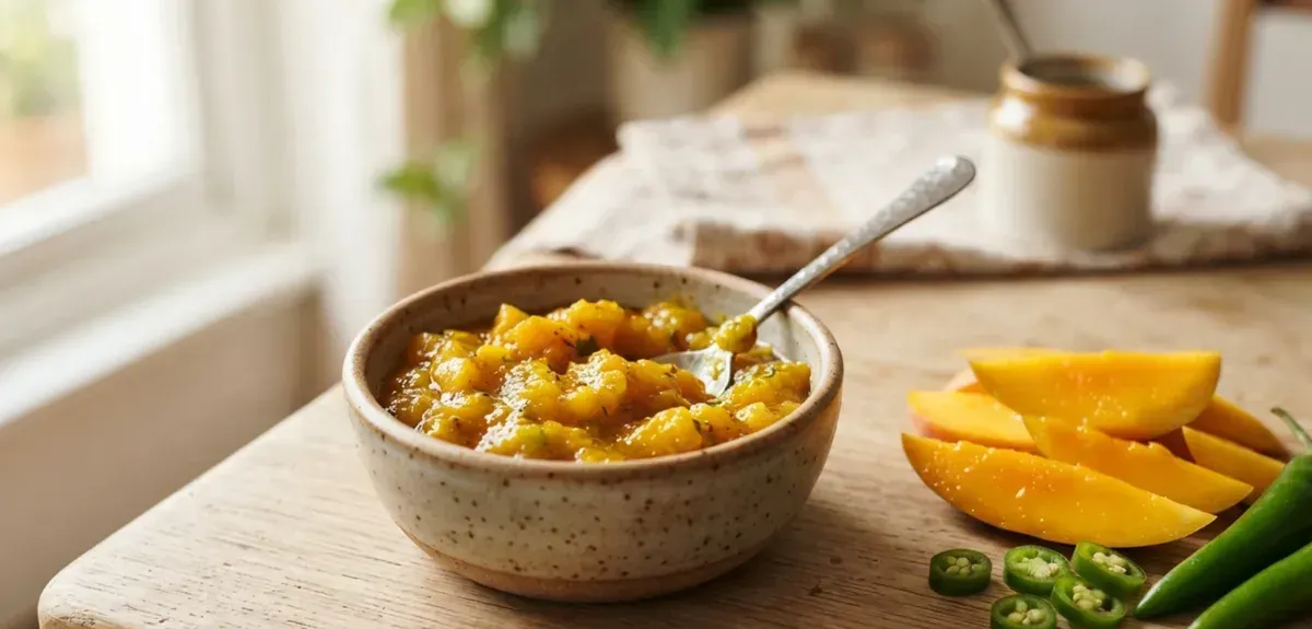 Golden-brown mango chutney in a glass jar with a spoon