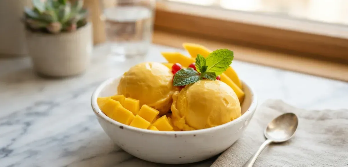 Scoops of homemade mango ice cream in a bowl with fresh mango slices