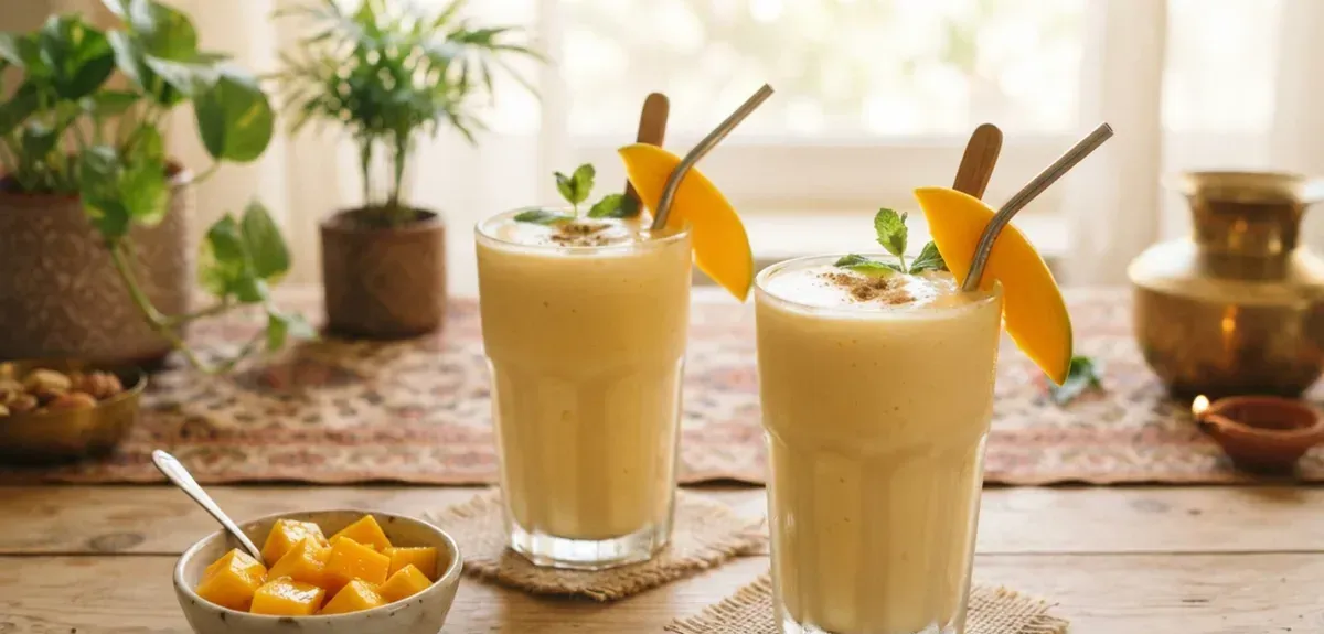 A glass of mango lassi garnished with a pinch of cardamom and chopped pistachios