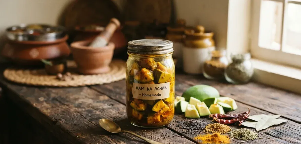 A jar of homemade mango pickle with mustard seeds and chili visible in the oil