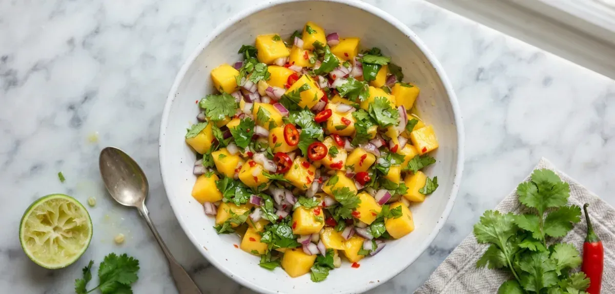 A bowl of fresh mango salsa with diced red onion, jalapeño, and cilantro