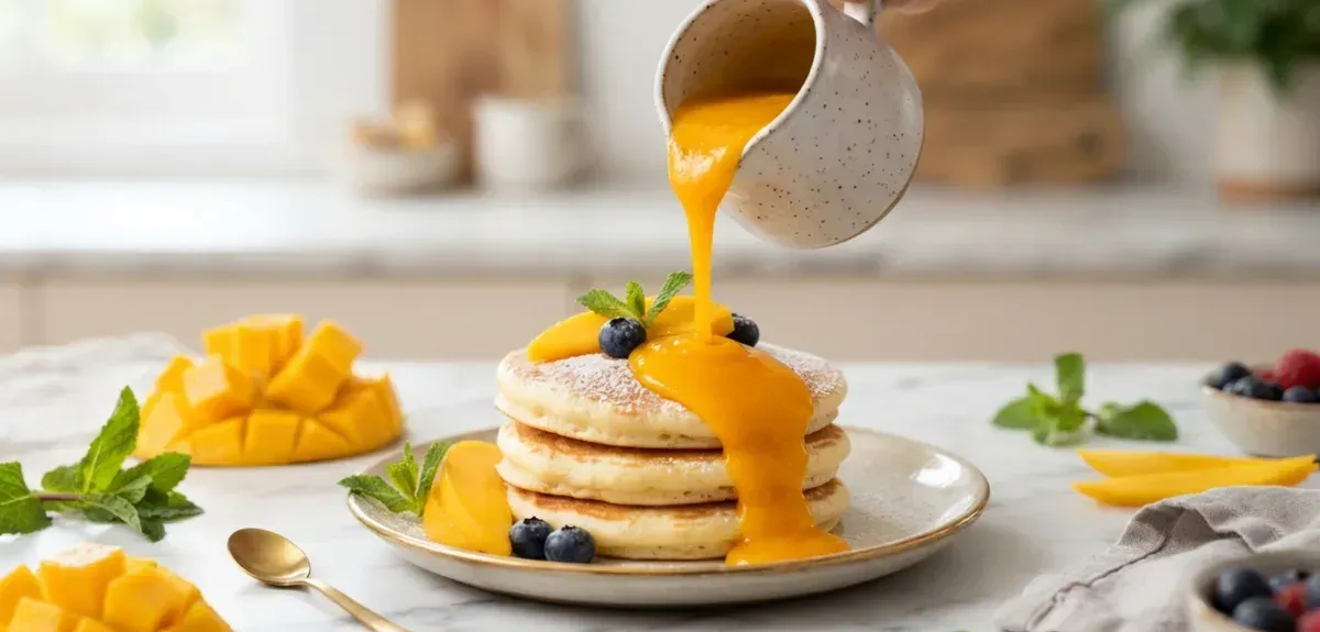 Golden mango sauce in a small bowl with fresh mango pieces alongside