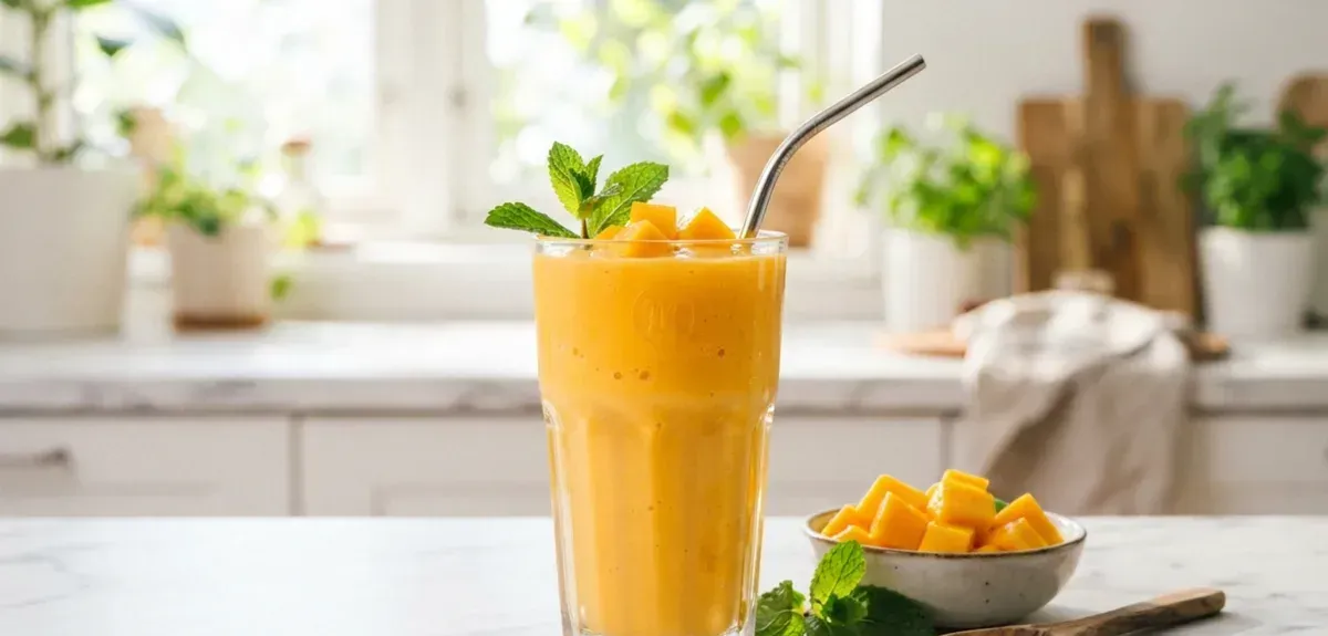 A creamy mango smoothie in a tall glass garnished with fresh mango slices