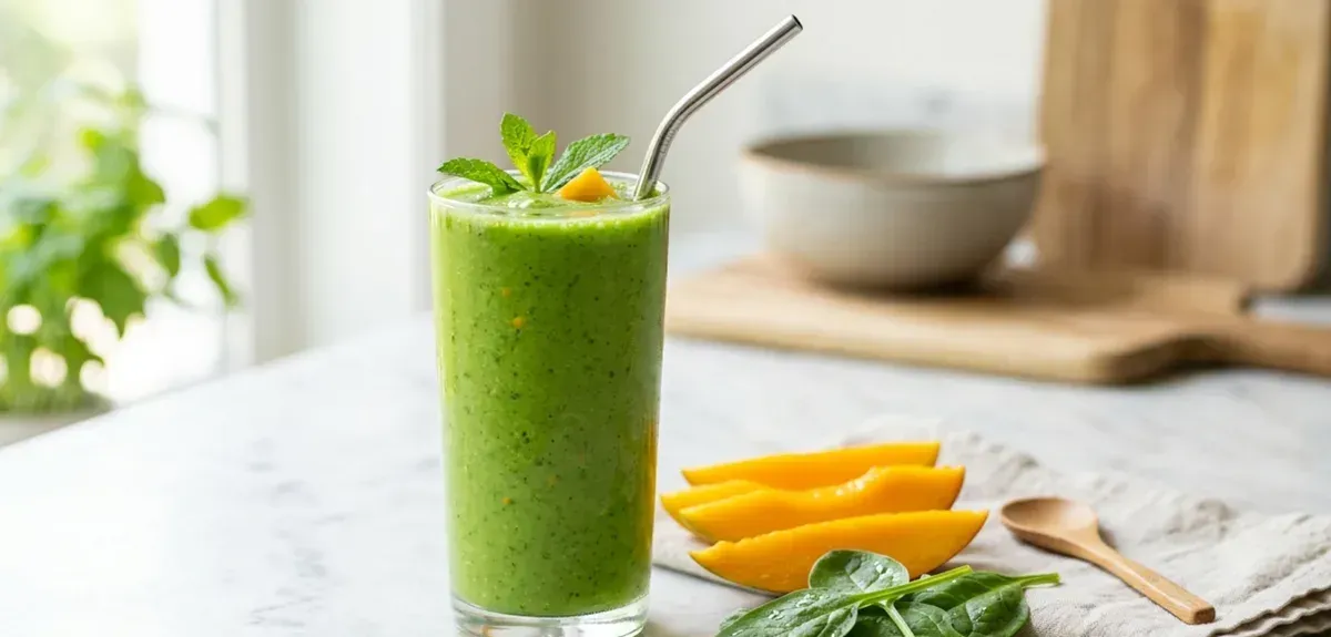 A tall glass of bright green mango spinach smoothie with mango slices beside it