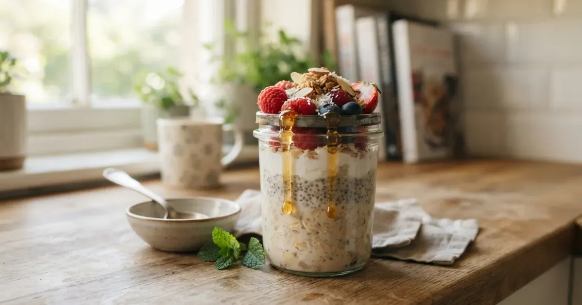 A jar of overnight oats topped with fruit and a drizzle of honey