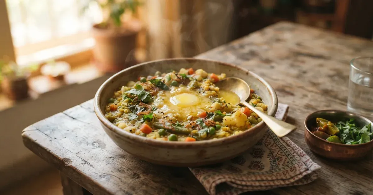 A bowl of vegetable khichdi topped with a spoonful of ghee