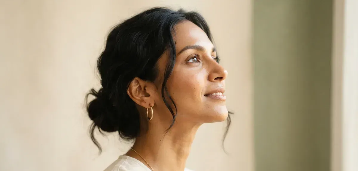 A person doing a gentle jaw stretch exercise in front of a mirror