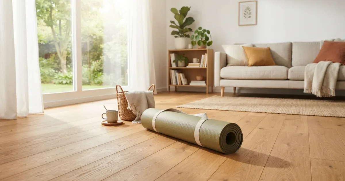 A rolled yoga mat on a bright wooden floor with morning light