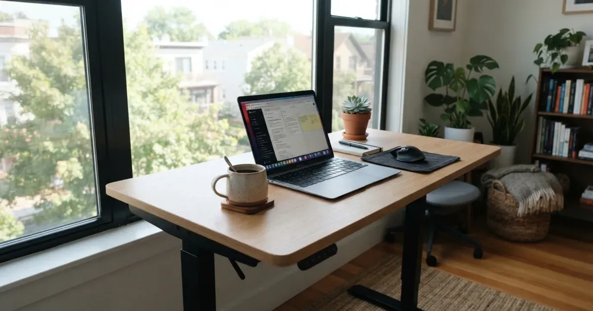 A laptop and coffee cup on a standing desk beside a large window