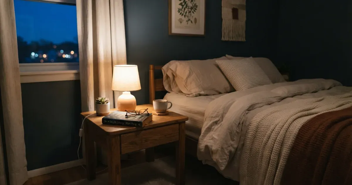 A dimly lit bedroom in the evening with a book on the nightstand