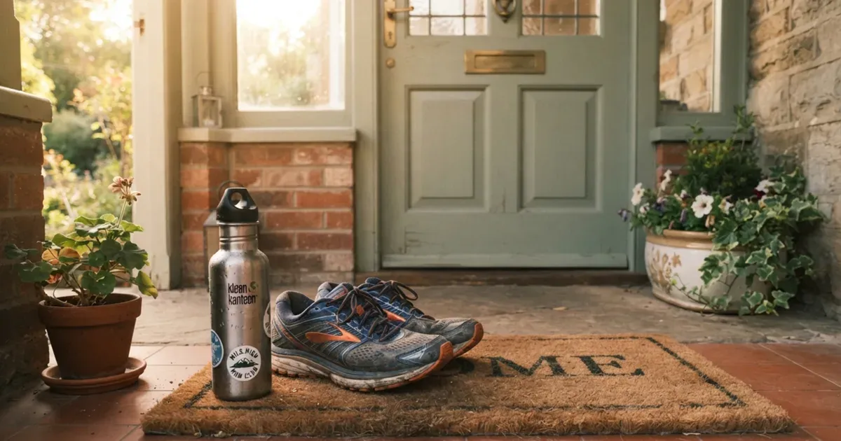 A pair of running shoes and a water bottle by a front door
