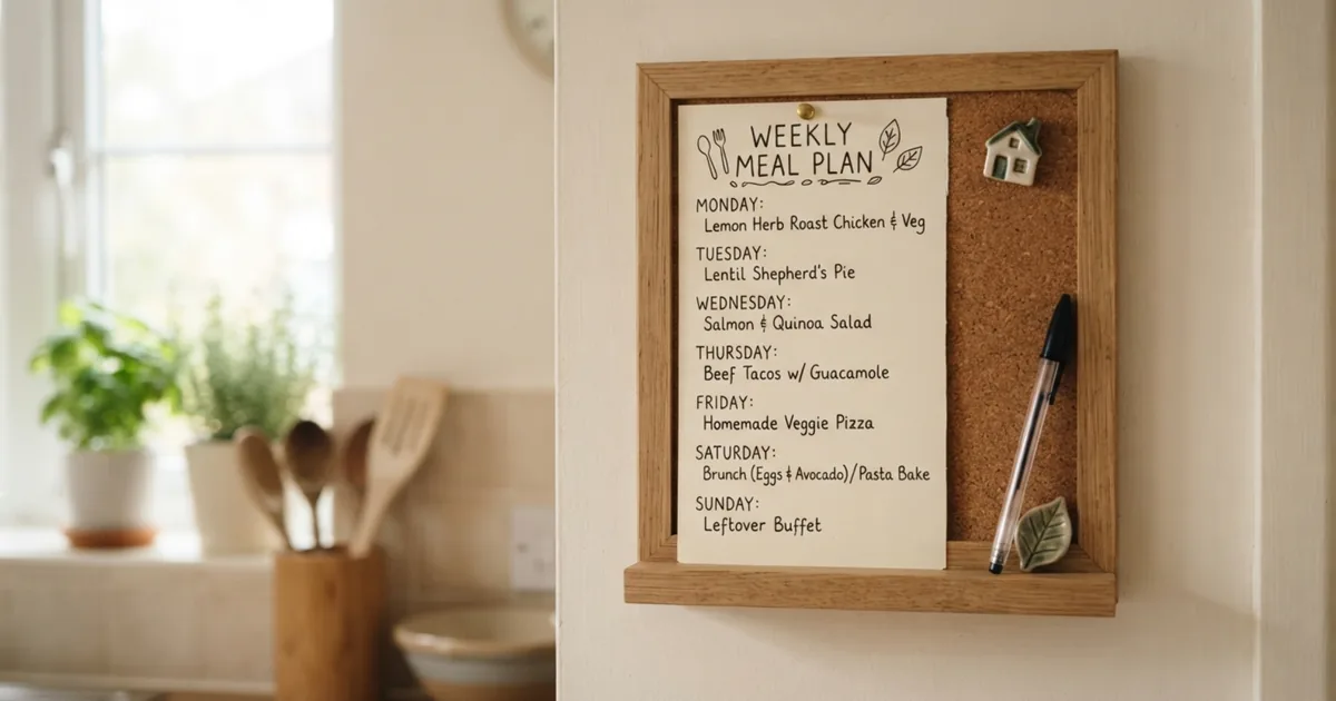 A simple handwritten weekly meal plan on a kitchen noticeboard