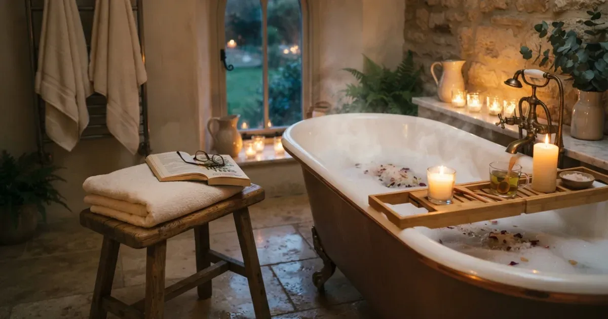 A warm bath with a folded towel and a book resting nearby