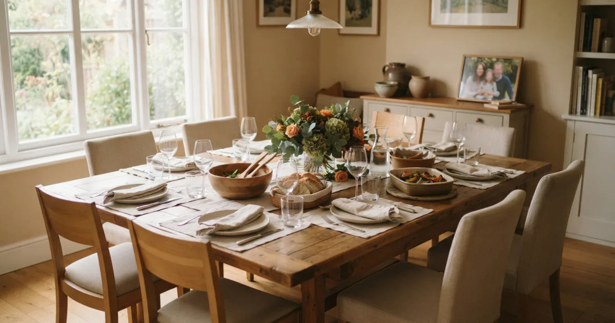 A family gathering around a dining table, warm but with visible personal space
