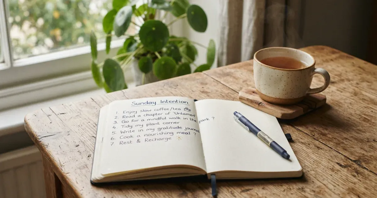 A hand-written goal list in a notebook beside a cup of tea