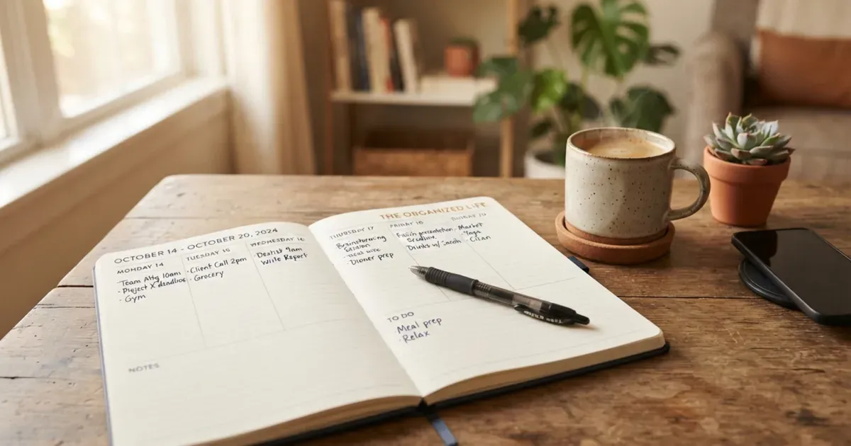 A weekly planner with a pen resting on an open page
