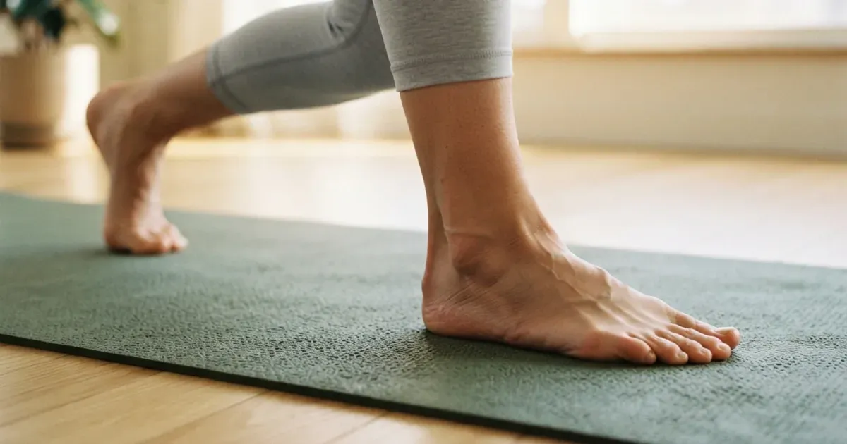 A person's bare feet on a yoga mat mid-stretch, seen from the ankles down