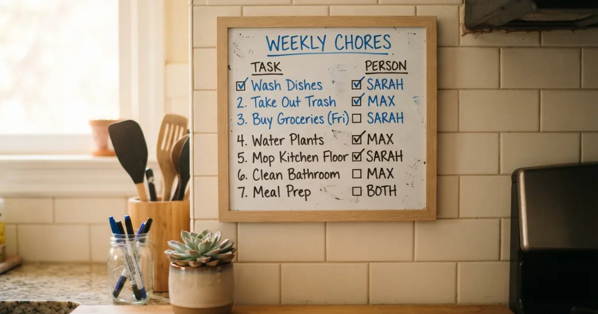 A shared household task list on a whiteboard in a kitchen