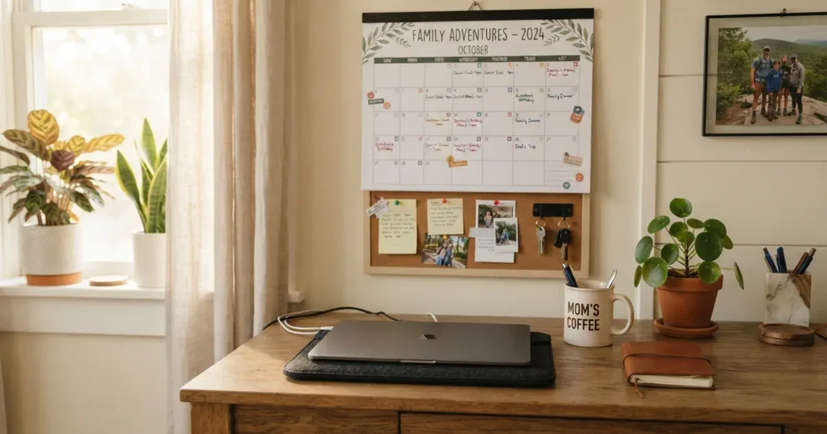 A shared family calendar and laptop on a home office desk